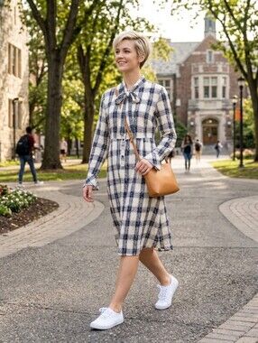 100% cotton, Plaid Bow-Neck Long Sleeve Dress - Black & White  🌻B2G1 Free🌻